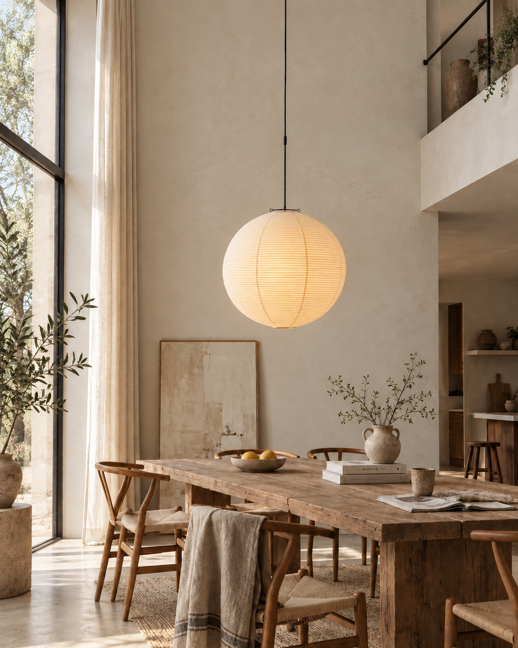 Luna washi paper pendant shade lit, glowing evenly like a warm moon