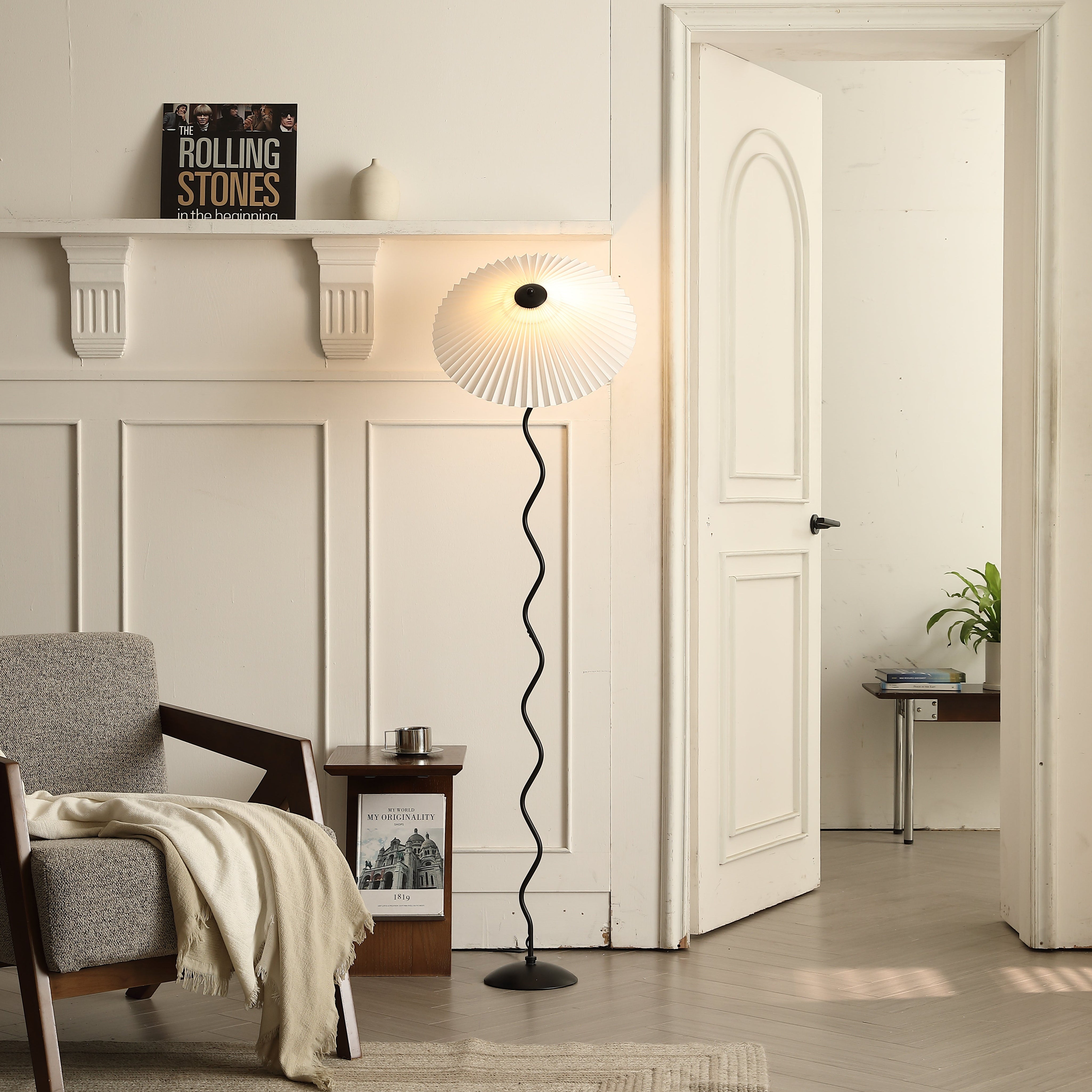 Japanese style Serenity glow paper floor lamp in a sun-filled room. 