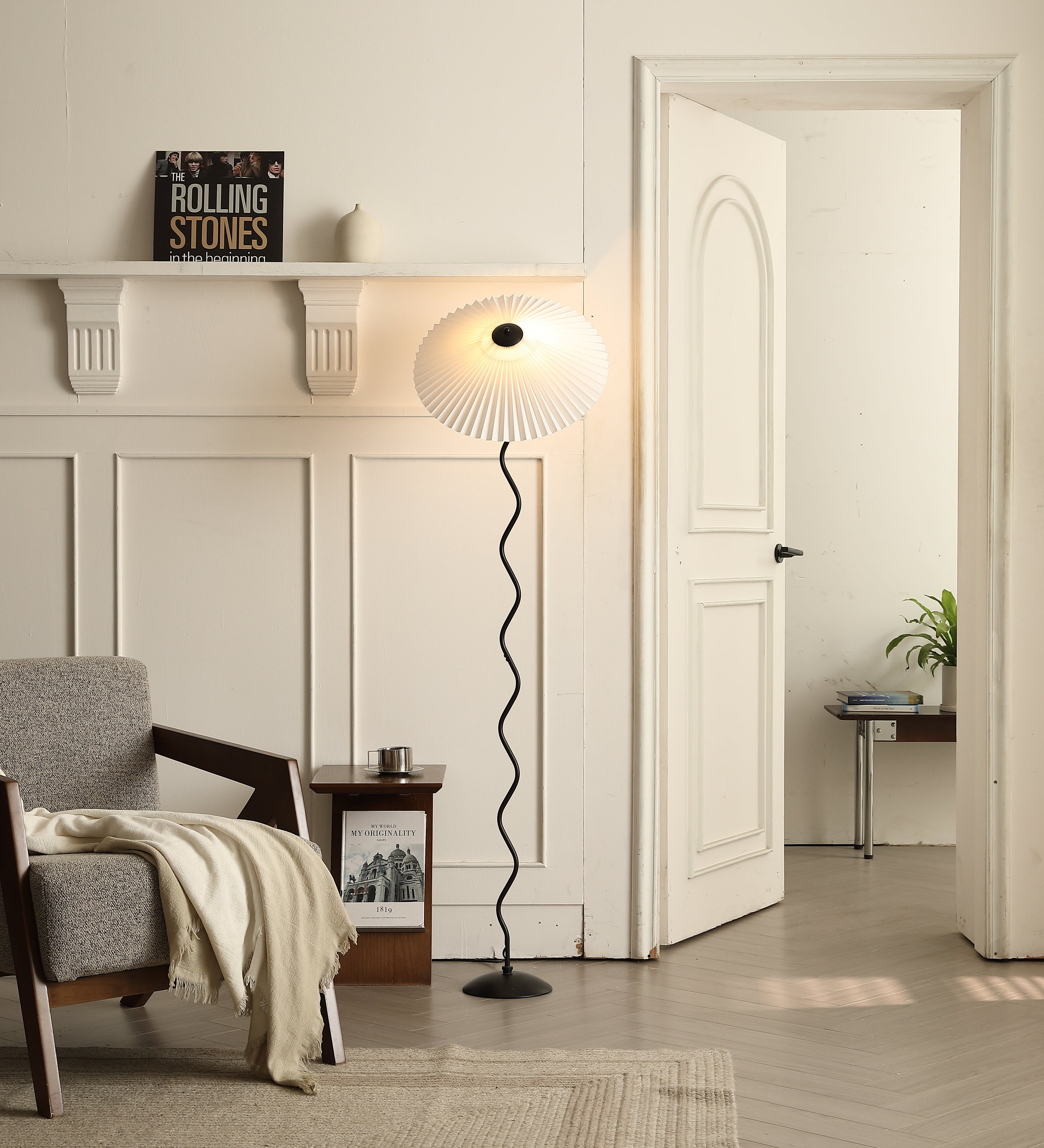 Japanese style Serenity glow paper floor lamp in a sun-filled room. 