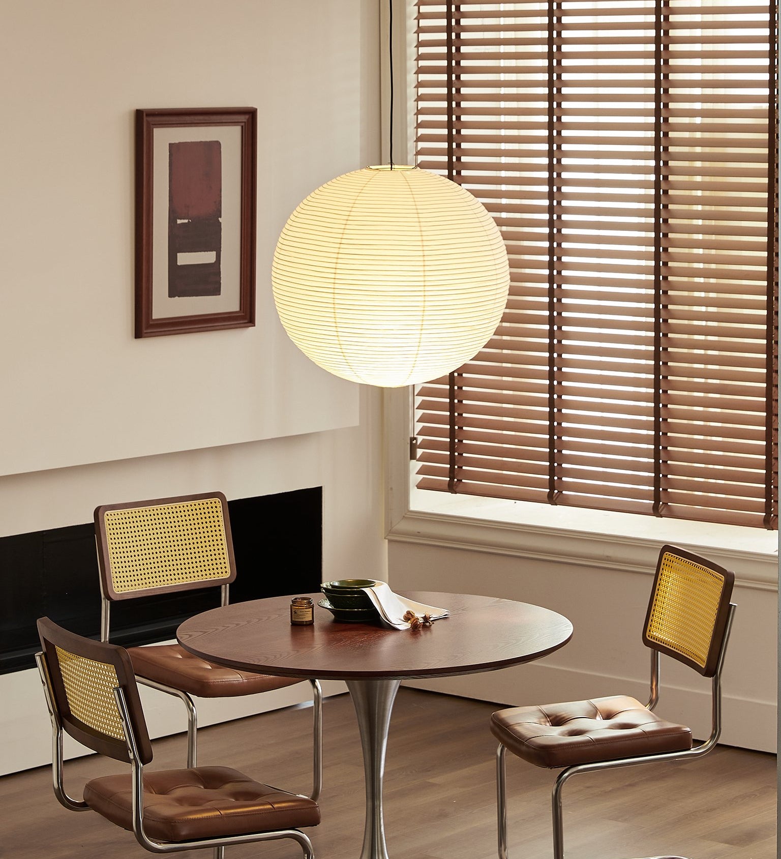 japanese style paper floor lamp under ambient lighting