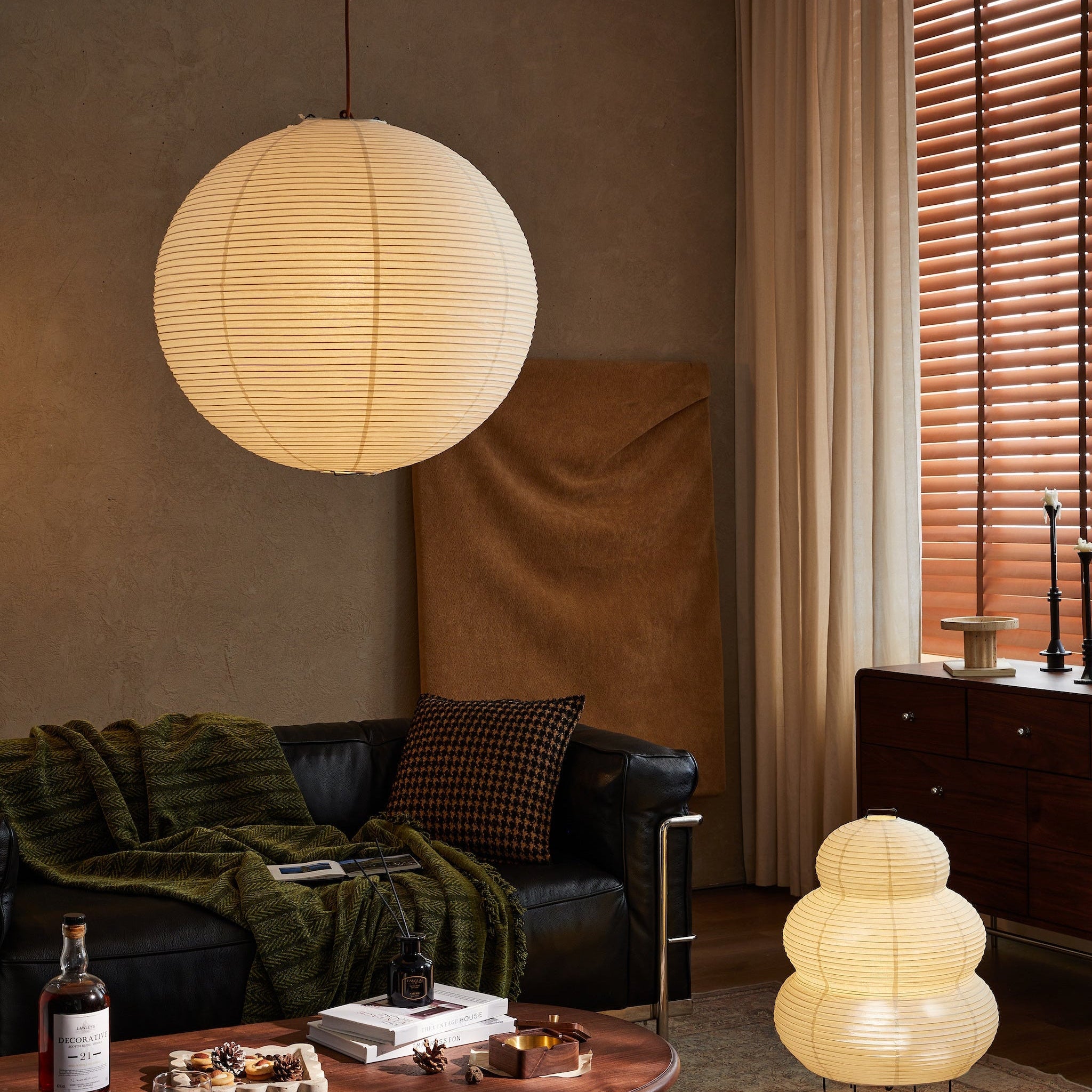 japanese style paper floor lamp under ambient lighting