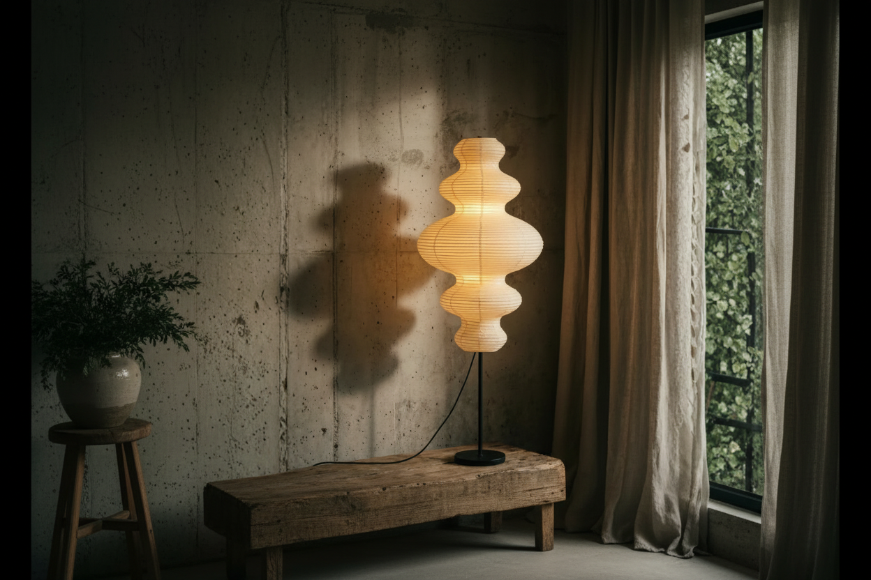 Japanese style Serenity glow paper floor lamp in a sun-filled room. 