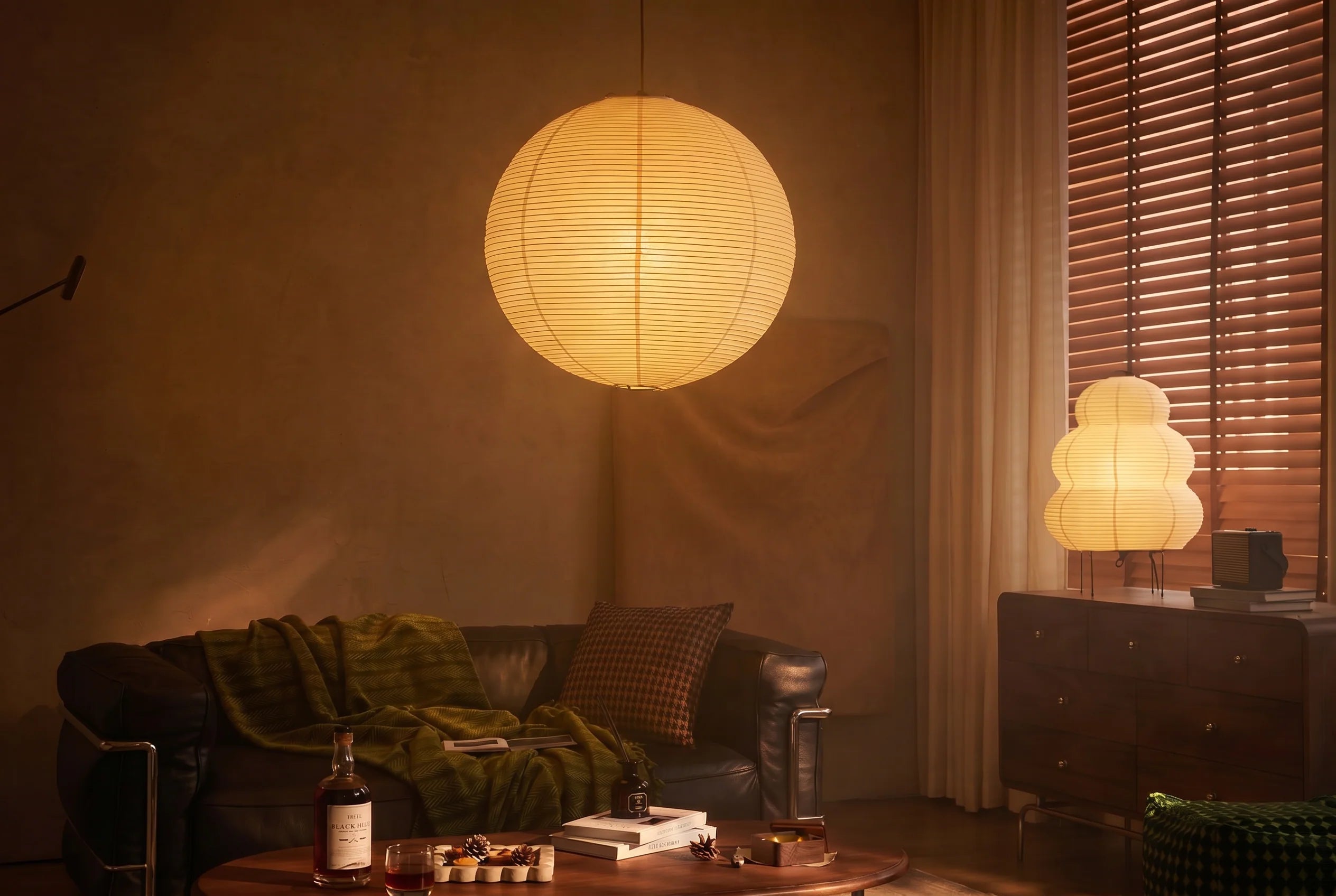 Luna paper ceiling lamp and Kumo Washi Paper lamp