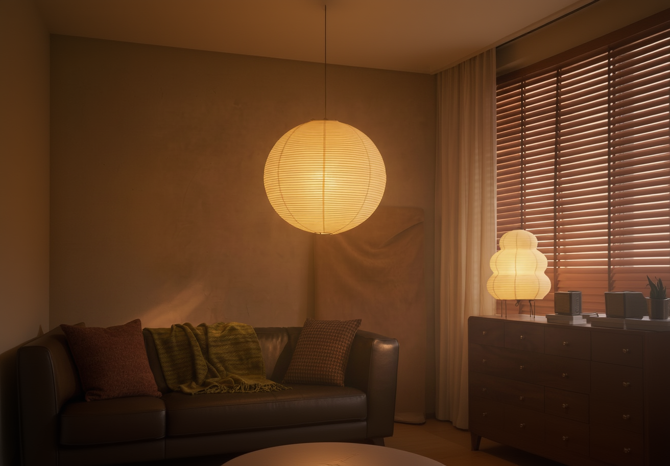 Luna paper ceiling lamp and Kumo Washi Paper lamp