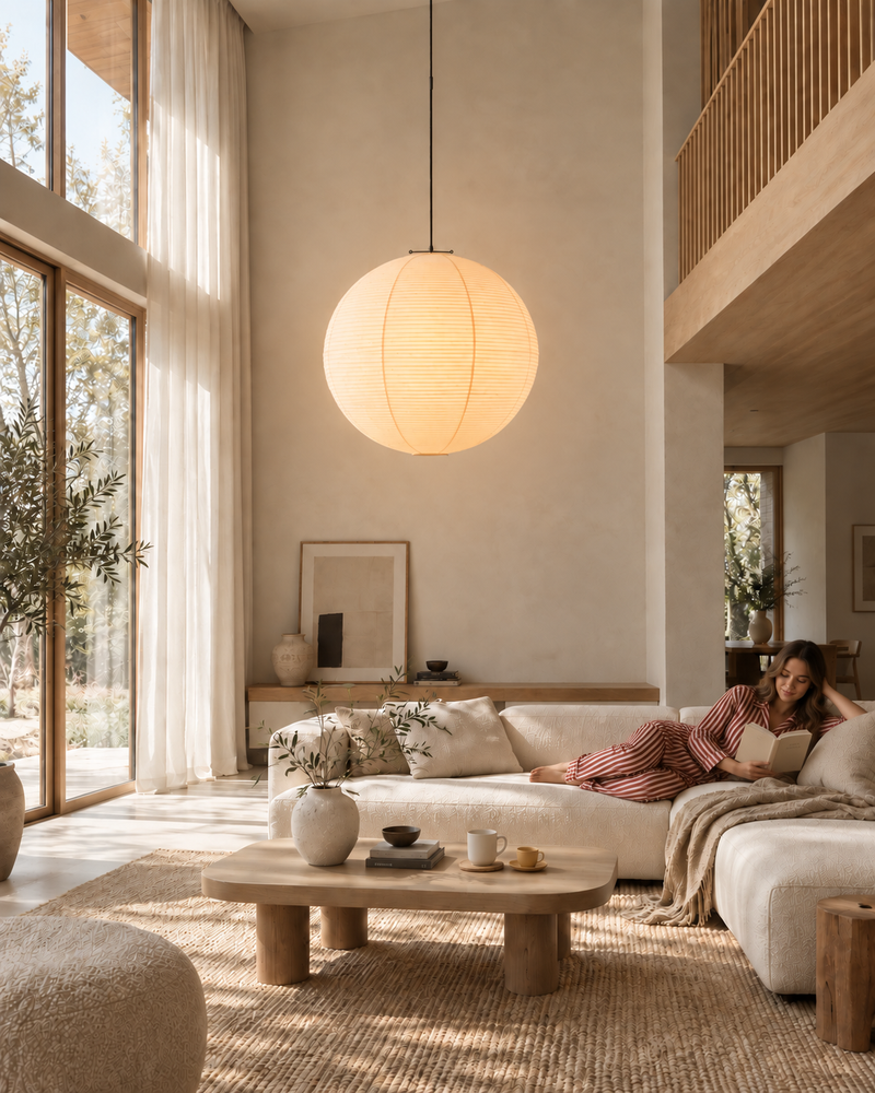 Luna washi paper pendant glowing over a cream sofa and round coffee table in a living room