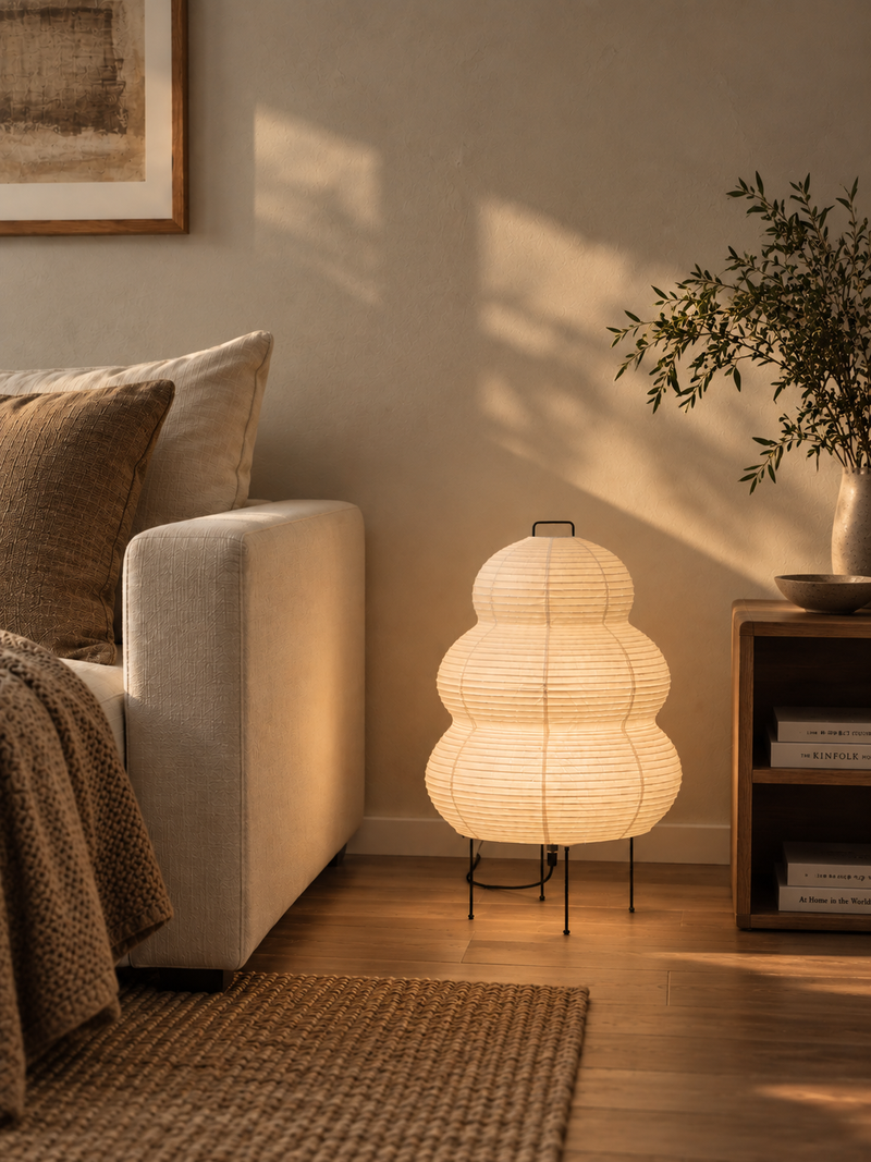 Kumo washi paper floor lamp glowing beside a linen sofa, next to a wooden side table with an olive branch