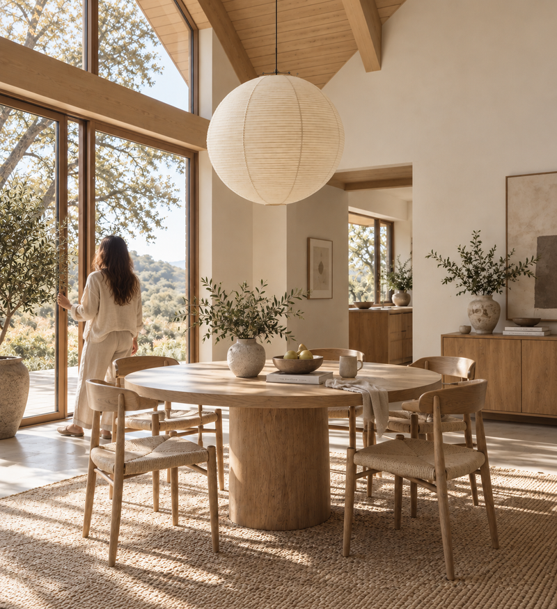 Luna washi paper pendant hanging low over a wooden dining table in a bright dining room