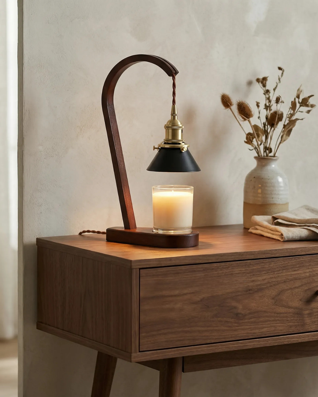 Wooden side table with Vesper candle warmer lamp warming a candle, and vase of dried flowers on a neutral background