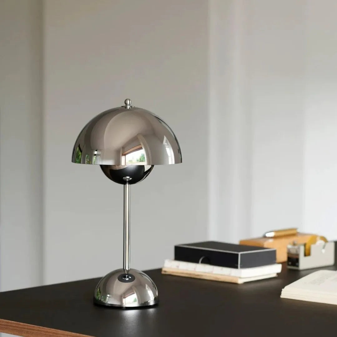 Chrome Flowerpot portable table lamp with a polished mushroom dome shade