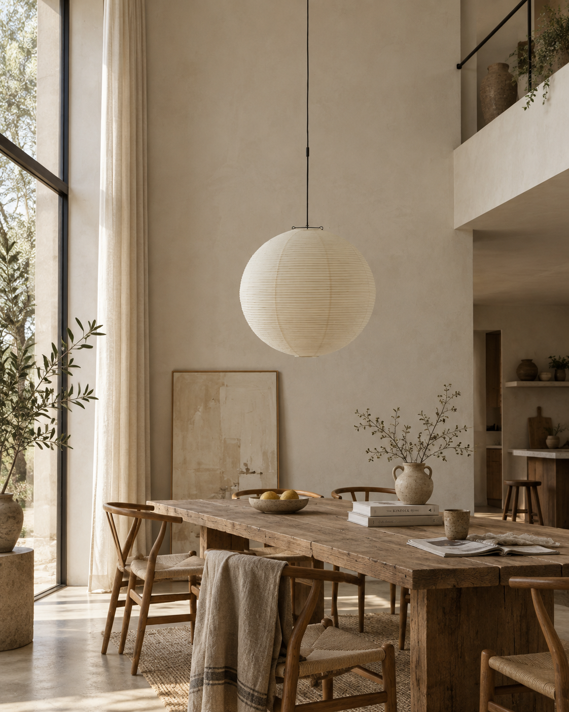 Luna washi paper pendant shade unlit, showing its off-white paper and fine bamboo ribbing