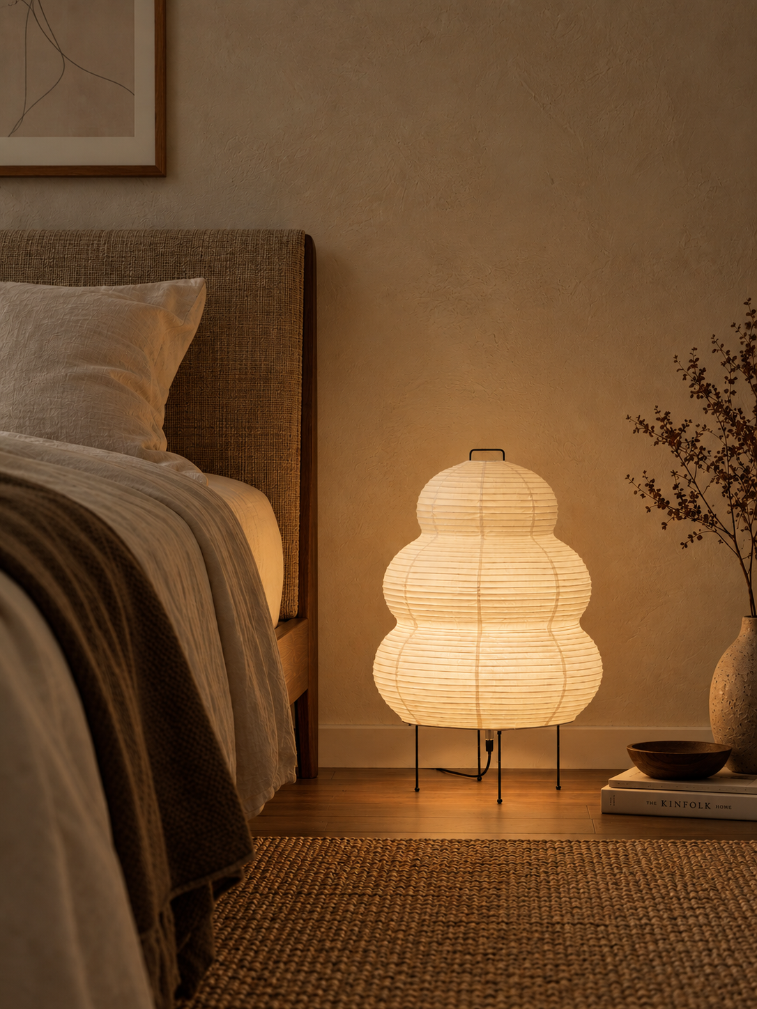 Kumo washi paper floor lamp glowing beside a bed, with height markers showing the lamp at 23 inches and the headboard at about 38 inches