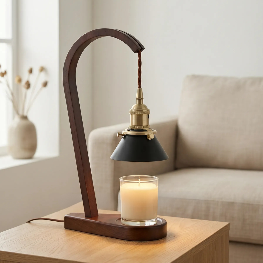 Vintage-style candle warmer lamp with a candle on a surface, emitting a warm glow.